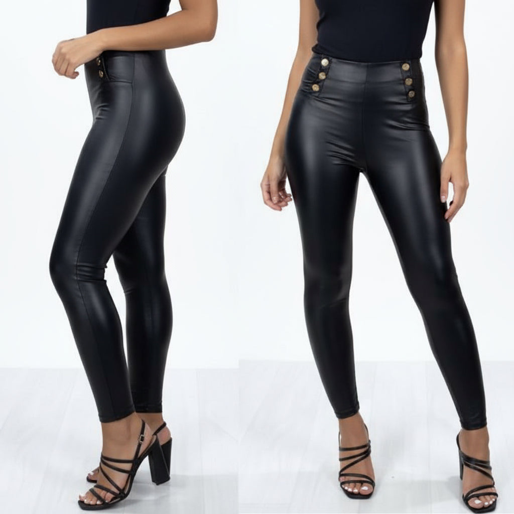 Gold Button Leather Look Leggings