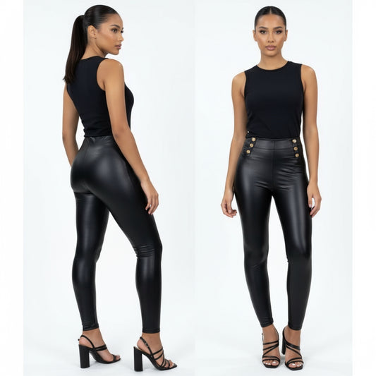 Gold Button Leather Look Leggings