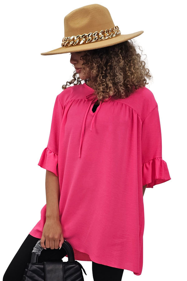 Plain Tie Neck Ruffle Sleeve Top
