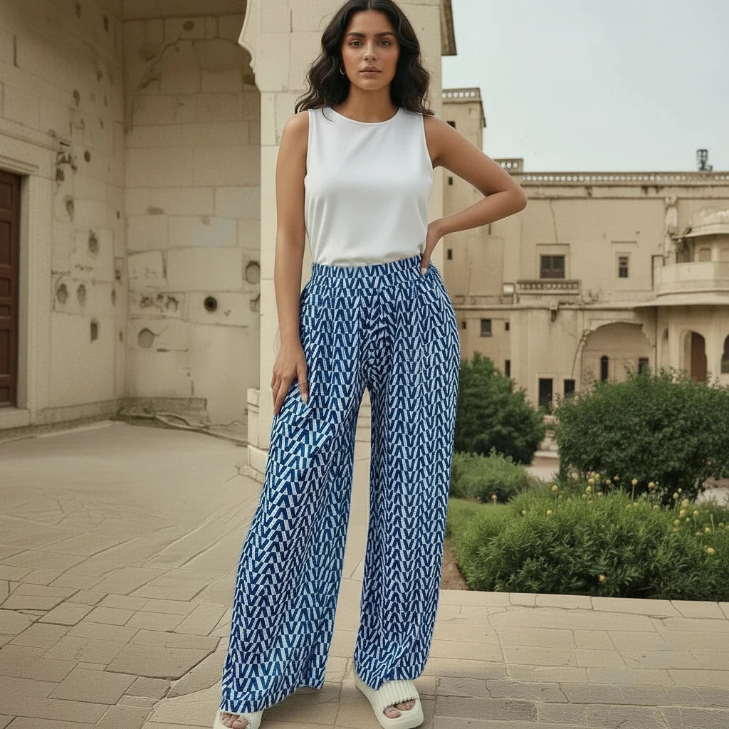 Patterned Wide Leg Trousers