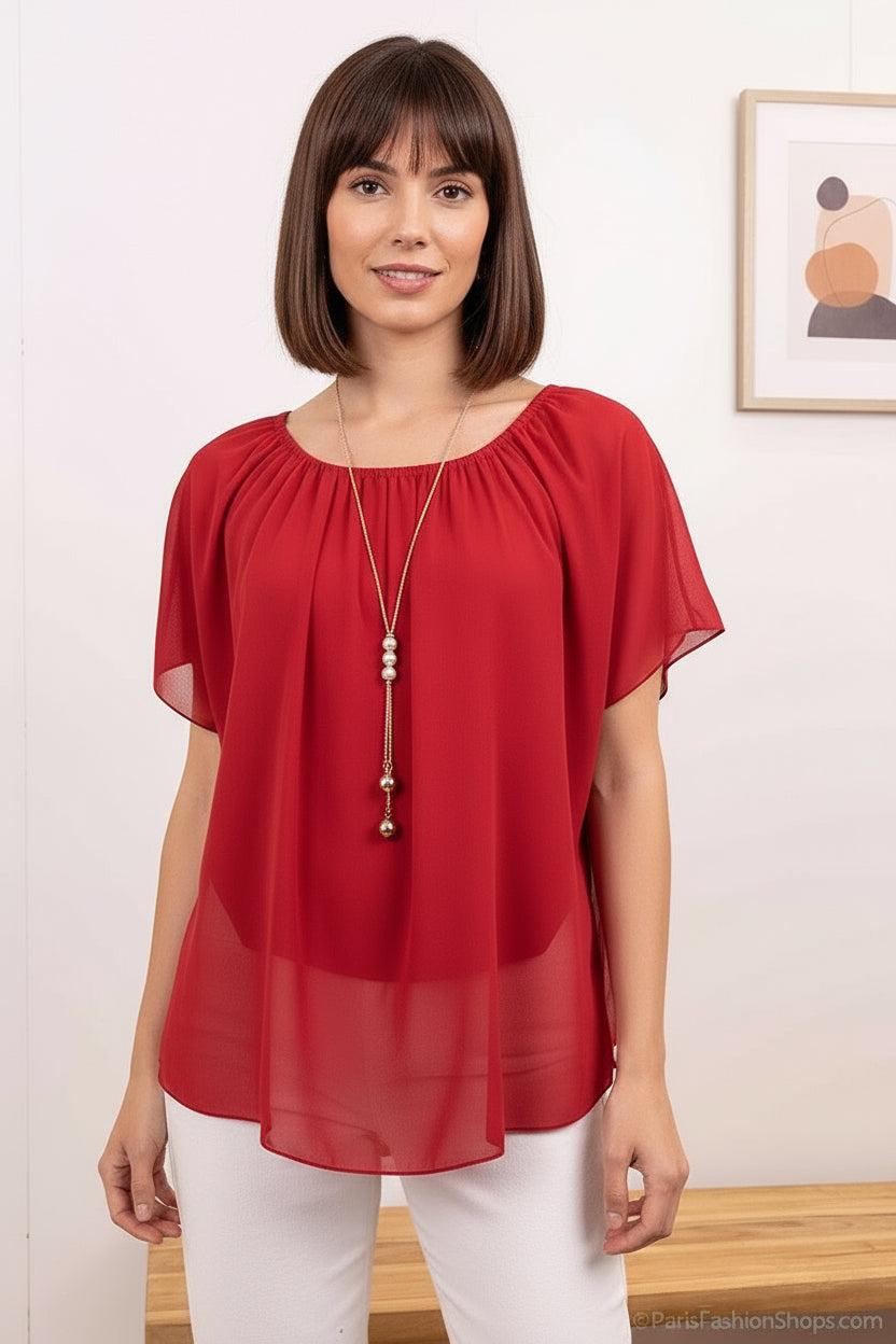 Chiffon Blouse With Necklace.