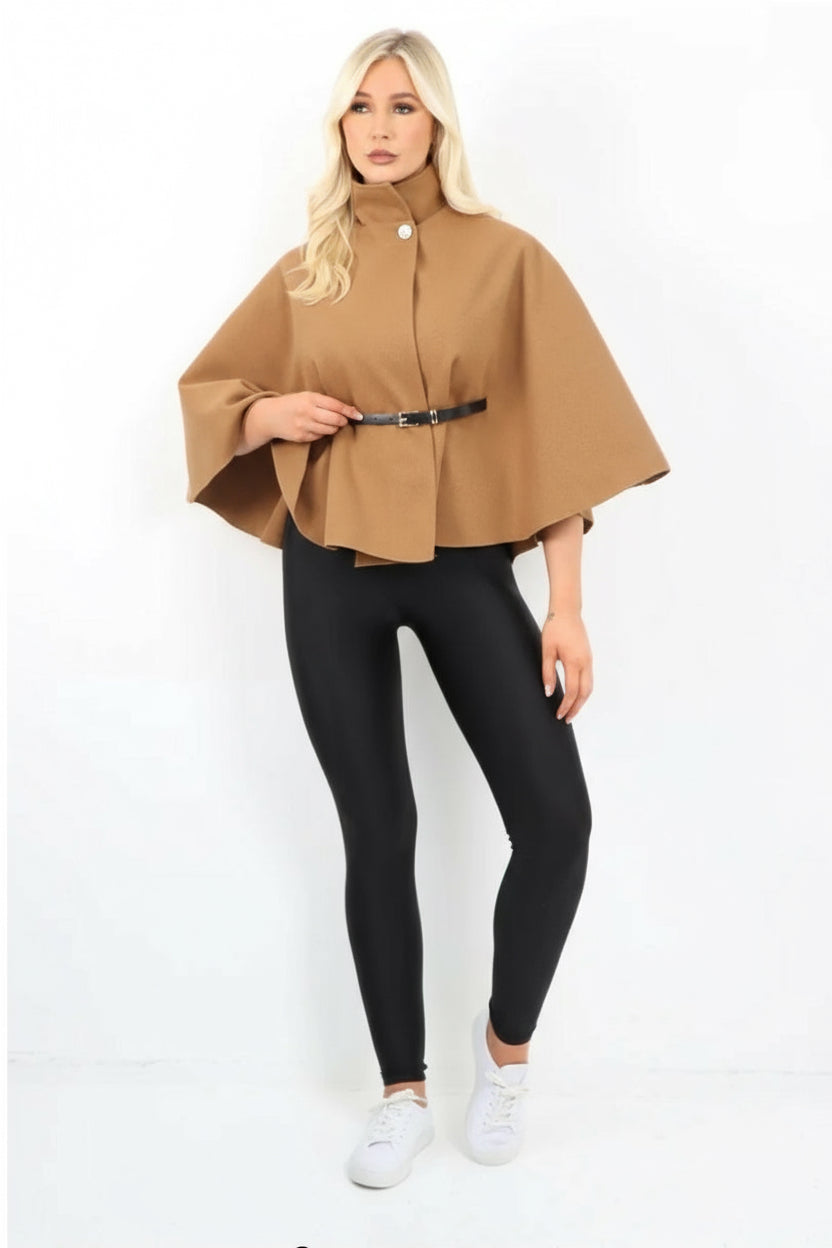 Italian Belted High Neck Button Cape Coat