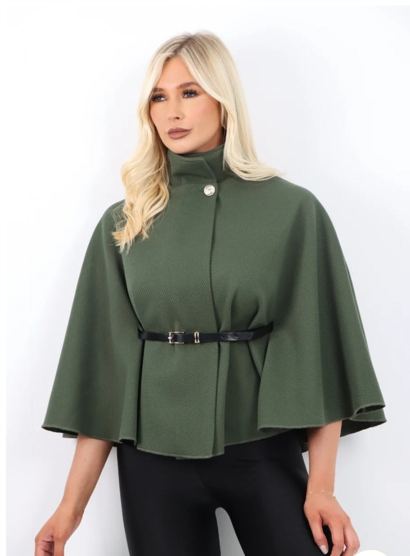 Italian Belted High Neck Button Cape Coat