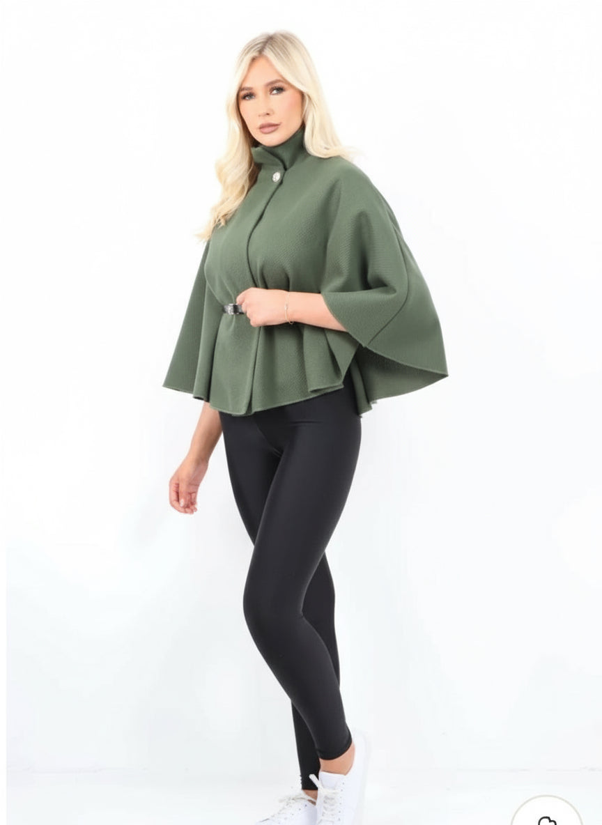 Italian Belted High Neck Button Cape Coat