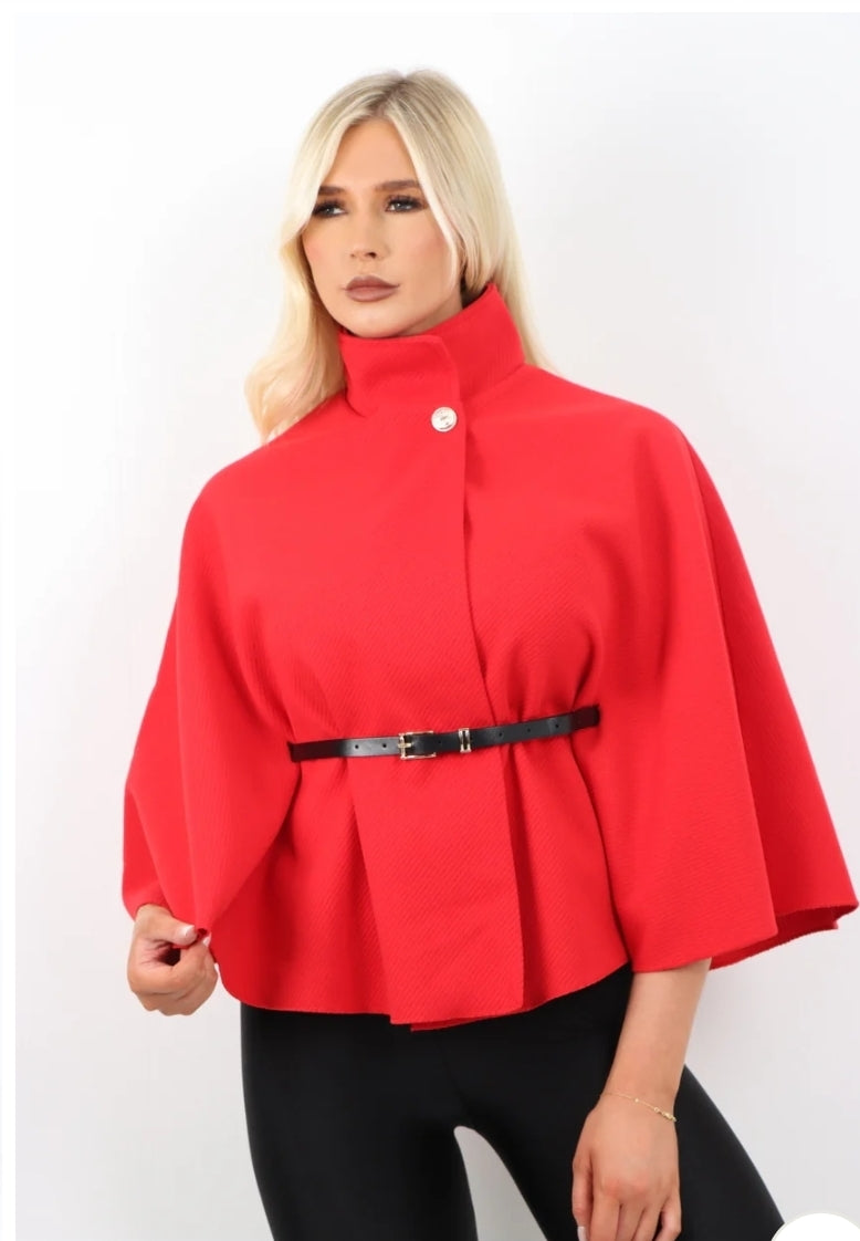 Italian Belted High Neck Button Cape Coat