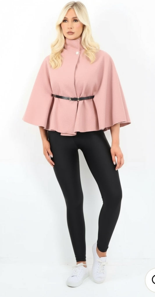 Italian Belted High Neck Button Cape Coat
