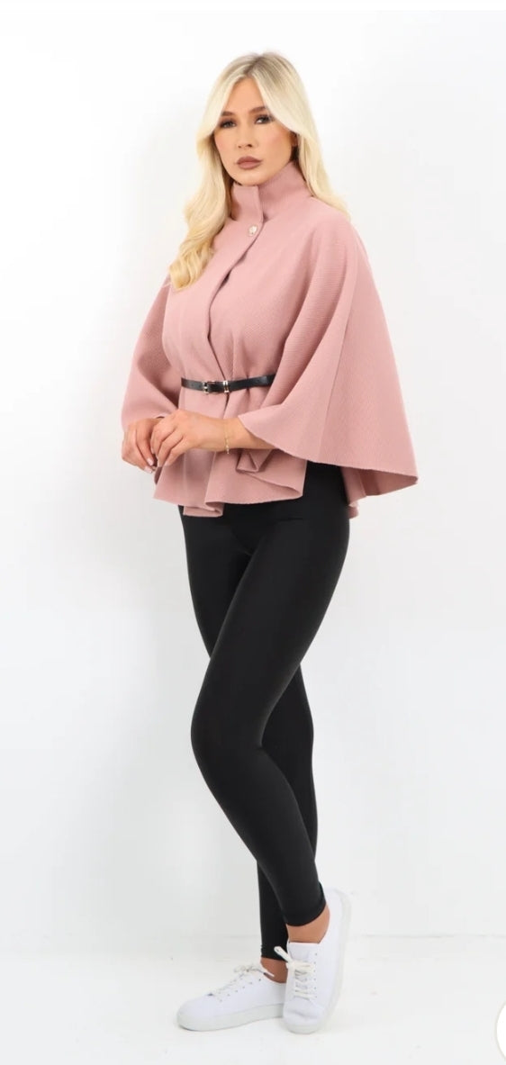 Italian Belted High Neck Button Cape Coat